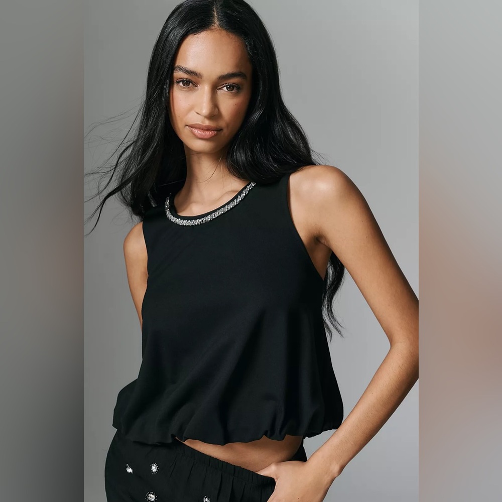 Anthropology Maeve Black Sleeveless Tank with Rhinestone Neckline Bubble Hem